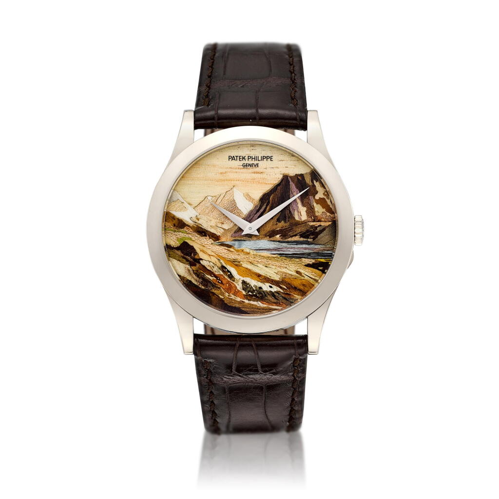 View full screen - View 1 of Lot 2170. Reference 5089 | A white gold wristwatch with wood marquetry dial, Made to commemorate the 175th anniversary of Patek Philippe, Circa 2018 | 百達翡麗 | 型號5089 | 白金腕錶,備細木雕嵌錶盤,為紀念百達翡麗175週年而製,約2018年製.
