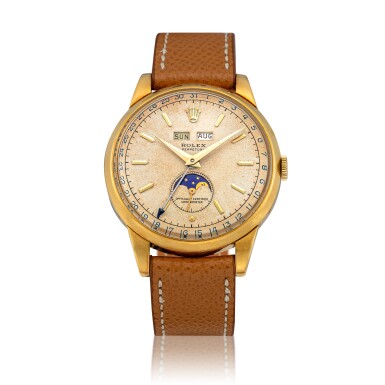View full screen - View 1 of Lot 41. 'Padellone', Ref. 8171 Yellow gold triple calendar wristwatch with moon phases Circa 1951 | 勞力士8171型號「Padellone」黃金全日曆腕錶備月相顯示,年份約1951.