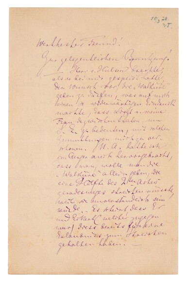 View full screen - View 1 of Lot 73. R. Wagner. Autograph letter, signed, to Wilhelm Tappert, 8 March 1878.