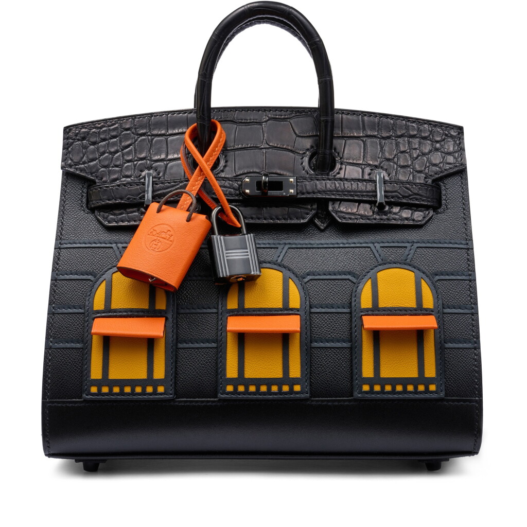 View full screen - View 1 of Lot 1329. Limited Edition Black Matte Alligator, Black Madame, Sombrero, Orange H and Jaune Ambre Swift Midnight Faubourg Birkin 20 Sellier Black PVD Hardware, 2022.