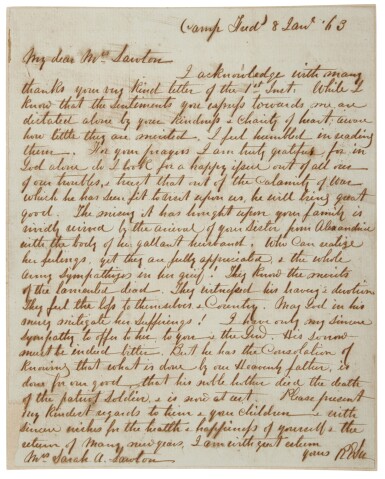 View full screen - View 1 of Lot 1026. Lee, Robert E. | In a condolence letter written for a Confederate captain killed in action, Lee looks to God for “a happy issue out of all of our troubles …”.
