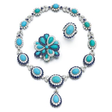 View full screen - View 1 of Lot 939. Turquoise, sapphire and diamond parure.