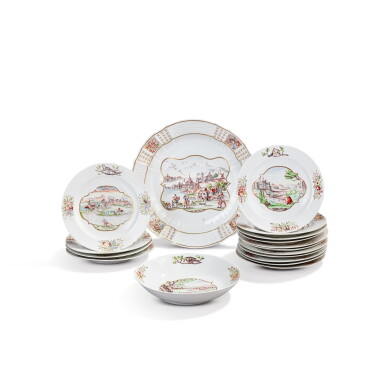 View full screen - View 1 of Lot 615. A group of Meissen porcelain Hausmaler dishes and plates, the porcelain circa 1735-50, the decoration third quarter of the 18th century.