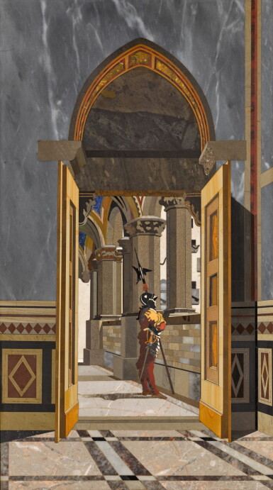 View full screen - View 1 of Lot 9. An Italian pietra dura panel with a view of an interior in Palazzo del Podestà, attributed to Giovanni Scappini, Florence, circa 1875.