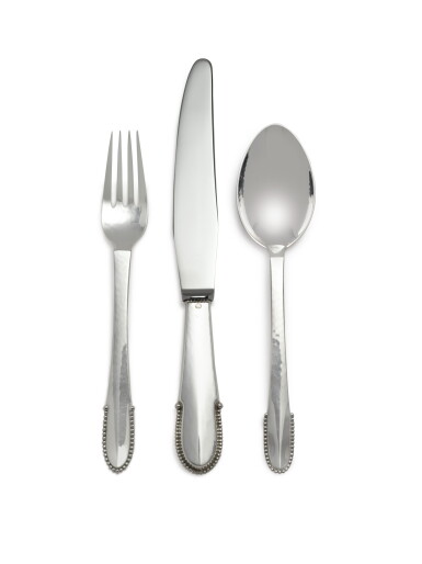 View full screen - View 1 of Lot 225. A DANISH SILVER BEADED PATTERN FLATWARE SERVICE, GEORG JENSEN SILVERSMITHY, COPENHAGEN, CIRCA 1945-77.