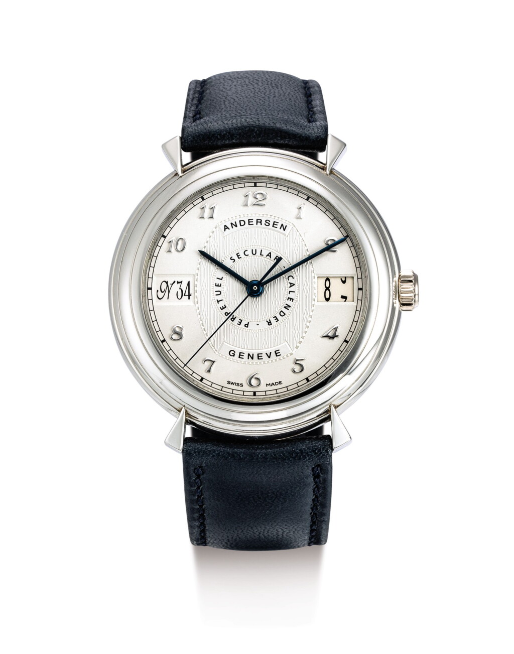 View full screen - View 1 of Lot 2062. ANDERSEN GENEVE | SECULAR PERPETUEL CALENDAR, A PLATINUM SECULAR PERPETUAL CALENDAR DOUBLE DIALLED WRISTWATCH WITH LEAP YEAR INDICATION, CIRCA 2000 | "Secular Perpetual Calendar 鉑金萬年曆雙錶盤腕錶,備閏年顯示,約2000年製".