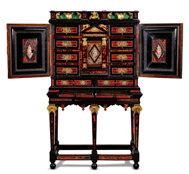 View full screen - View 1 of Lot 43. A Flemish Baroque silver and gilt-metal mounted ebony, rosewood, tortoiseshell, ivory, inlaid and carved giltwood cabinet-on-stand, probably Antwerp, late 17th century.