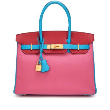 View full screen - View 1 of Lot 68. Rose Tyrien, Bleu Azetec and Rouge Cassque Chèvre HSS Birkin 30 Brushed Gold Hardware, 2014.