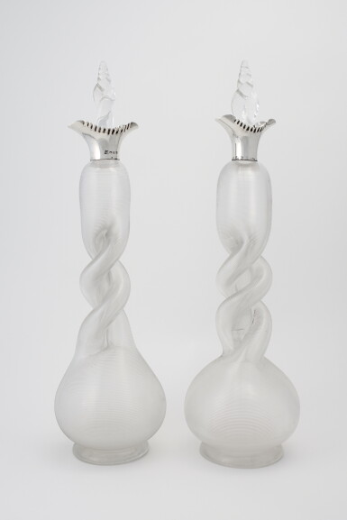 View full screen - View 1 of Lot 18. A PAIR OF VICTORIAN SILVER-MOUNTED GLASS DECANTERS | JOHN THOMAS HEATH & JOHN HARTSHORNE MIDDLETON, BIRMINGHAM | 1891 .