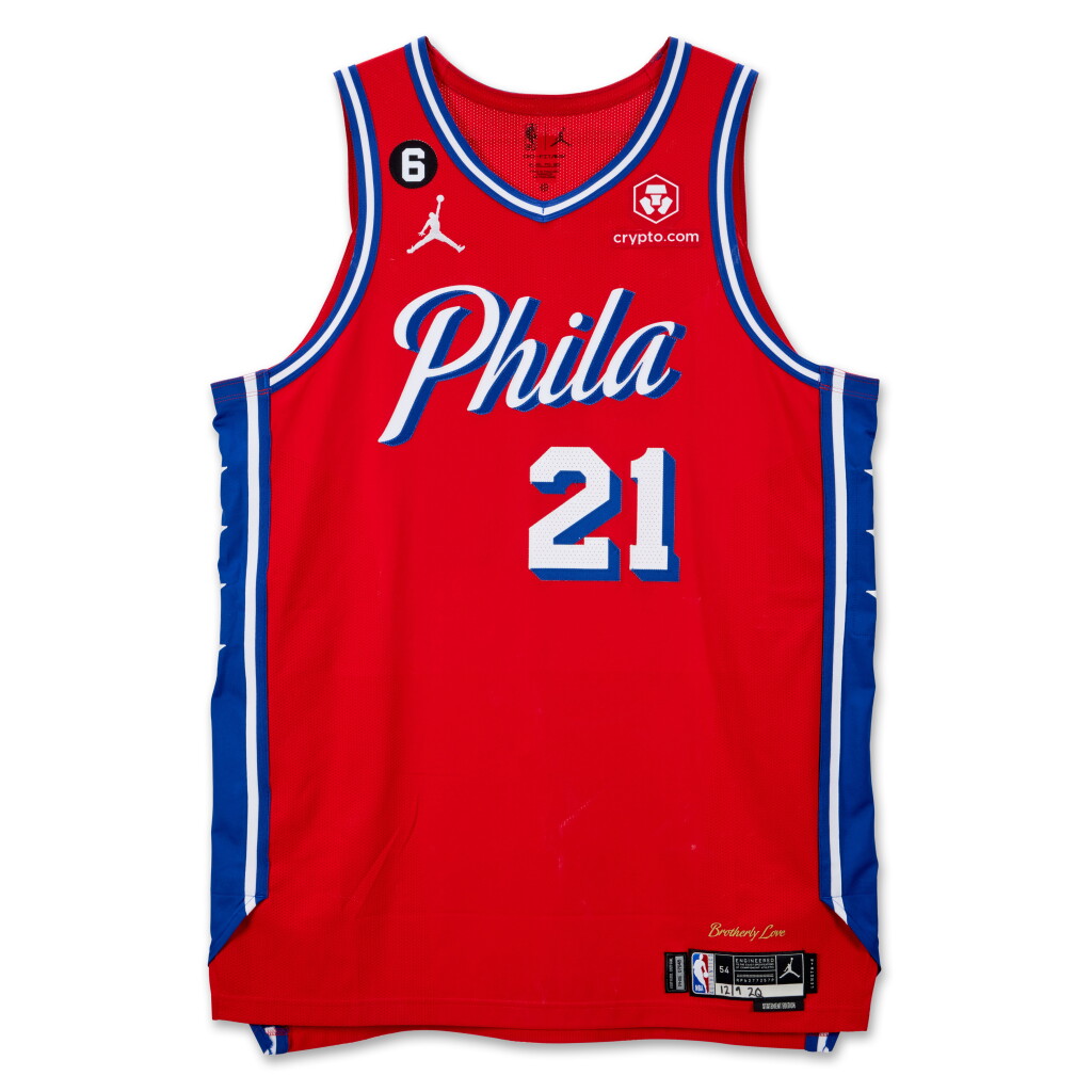 View full screen - View 1 of Lot 57. Joel Embiid Philadelphia 76ers 2022-2023 NBA Game Worn Home Jersey.