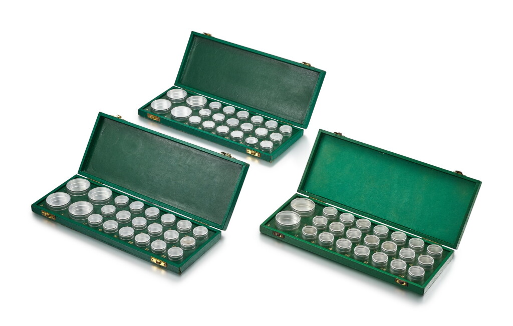View full screen - View 1 of Lot 8113. ROLEX | A SET OF THREE SPARE PART BOXES, TWO WITH 22 METAL CONTAINERS AND ONE WITH 23 CONTAINERS, CIRCA 1960.