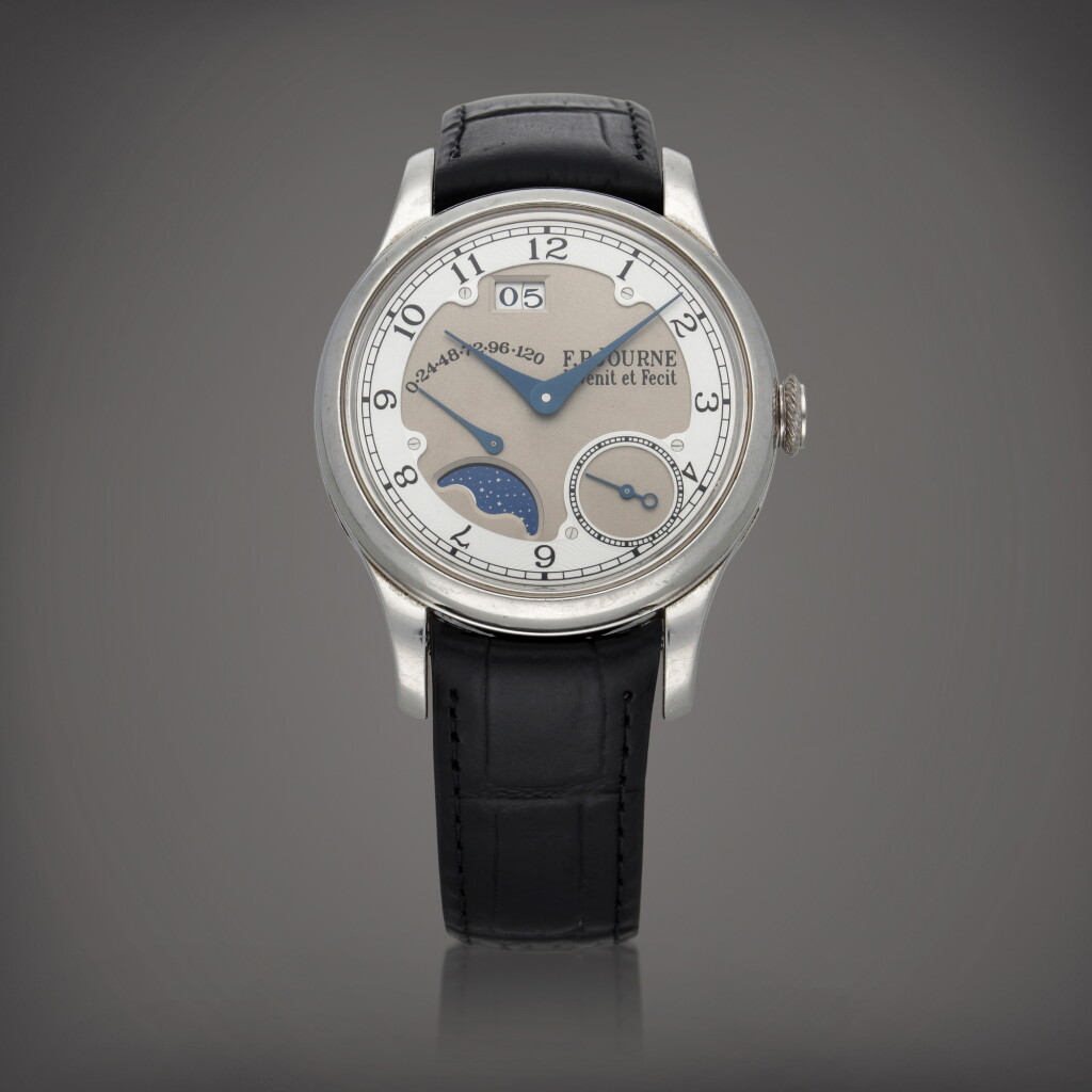 View full screen - View 1 of Lot 67. Octa Divine A platinum wristwatch with digital date display, moon phases, power reserve indication and brass movement Circa 2004 | F.P. Journe | Octa Divine 鉑金腕錶備數字日期、月相、動力儲存顯示及黃銅機芯,製作年份約 2004.