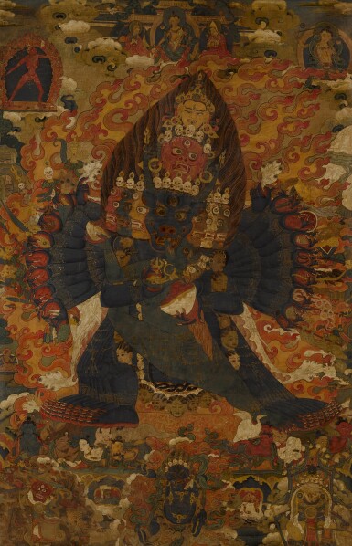 View full screen - View 1 of Lot 131. A large thangka of Vajrabhairava, Tibet, 18th century.