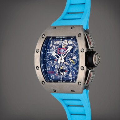 View full screen - View 1 of Lot 62. 'Felippe Massa', Reference RM011 AH | Ti Titanium open-work flyback chronograph and annual calendar wristwatch | Circa 2010 | Richard Mille | 'Felippe Massa' 型號RM011 AH Ti | 鈦金屬鏤空飛返計時年曆腕錶,製作年份約2010.