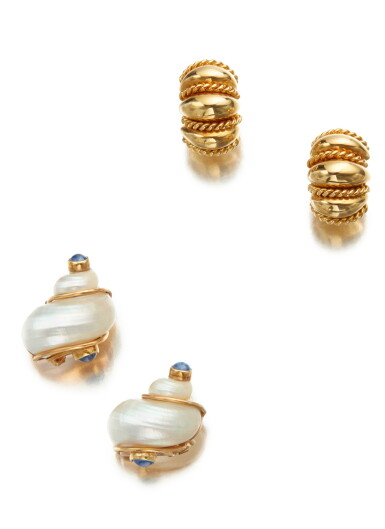 View full screen - View 1 of Lot 154. Pair of Gold Earclips and Pair of Shell and Sapphire 'Turbo Shell' Earclips.