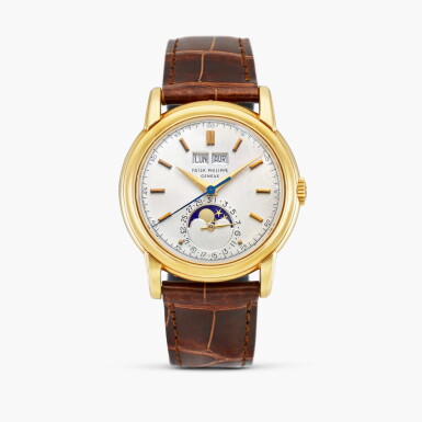 View full screen - View 1 of Lot 2377. Reference 2497, The last example made | A yellow gold perpetual calendar wristwatch with moon phases, Made in 1963.