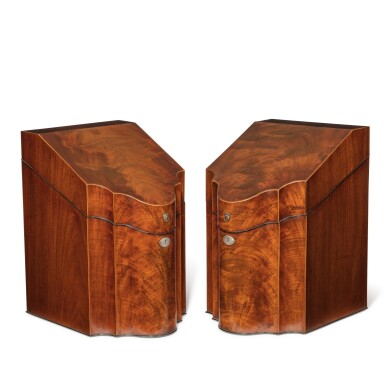 View full screen - View 1 of Lot 88. TWO GEORGE III BOXWOOD AND EBONY STRUNG MAHOGANY KNIFE BOXES, LATE 18TH CENTURY.