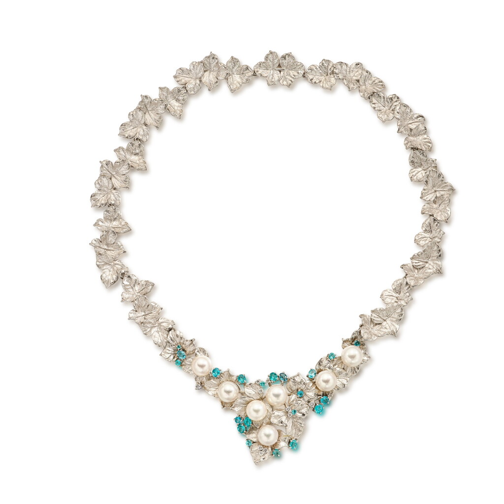 View full screen - View 1 of Lot 1707. Cultured Pearl, Paraíba-type Tourmaline and Diamond Necklace | 養殖珍珠 配「巴西」帕拉伊巴碧璽 配 鑽石 項鏈.