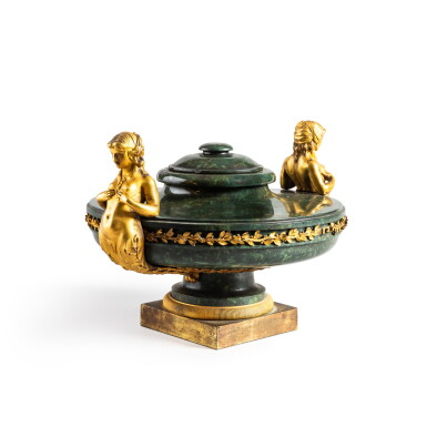 View full screen - View 1 of Lot 20. A Louis XVI gilt-bronze mounted Greek green porphyry covered vase, circa 1780, the mounts attributed to Pierre Gouthière and possibly desgined by Jean-François Bélanger.