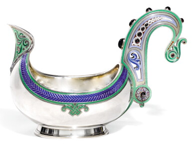 View full screen - View 1 of Lot 165. A FABERGÉ GEM-SET SILVER AND CHAMPLEVÉ ENAMEL KOVSH, MOSCOW, 1899-1908.