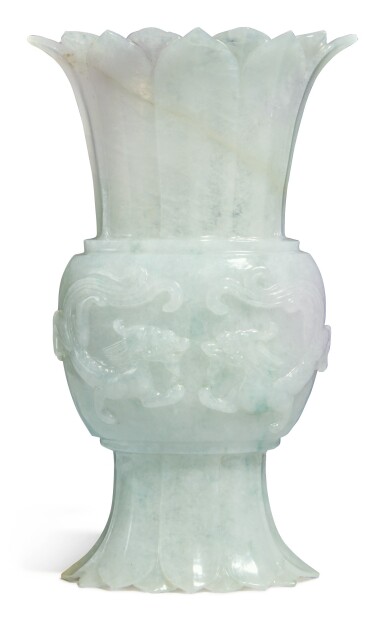 View full screen - View 1 of Lot 648. A pale lavender and green jadeite 'chilong' gu-form vase, Qing dynasty, 19th century.