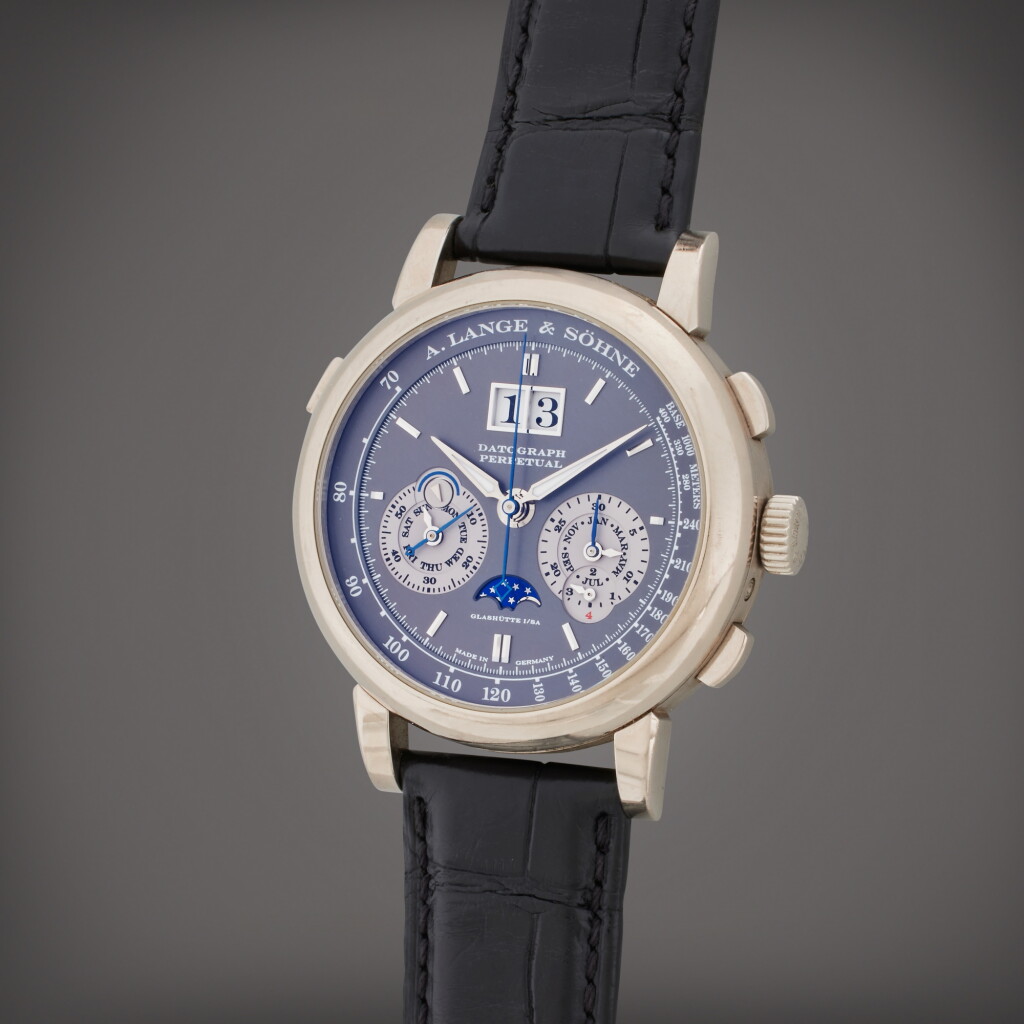 View full screen - View 1 of Lot 8. Reference 410.038E Datograph Perpetual | A white gold perpetual calendar flyback chronograph wristwatch with digital date display, moon phases, day/night and leap year indication, Circa 2016.