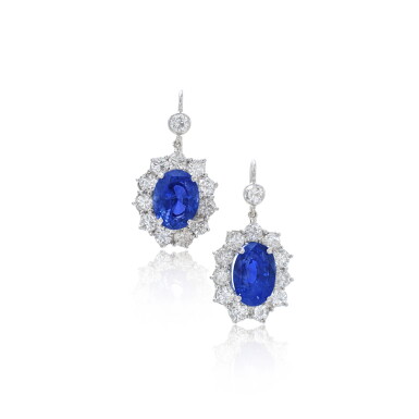 View full screen - View 1 of Lot 902. Pair of sapphire and diamond pendent earrings.