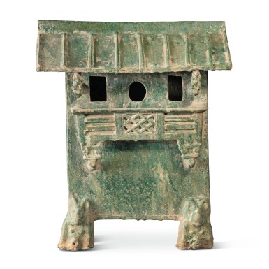 View full screen - View 1 of Lot 661. A green-glazed pottery model of a granary, Han dynasty | 漢 綠釉穀倉.