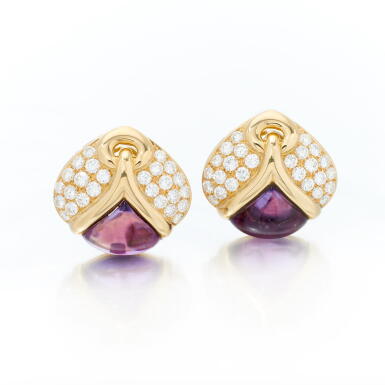 View full screen - View 1 of Lot 88. Pair of amethyst and diamond earrings (Paio di orecchini con ametista e diamanti).