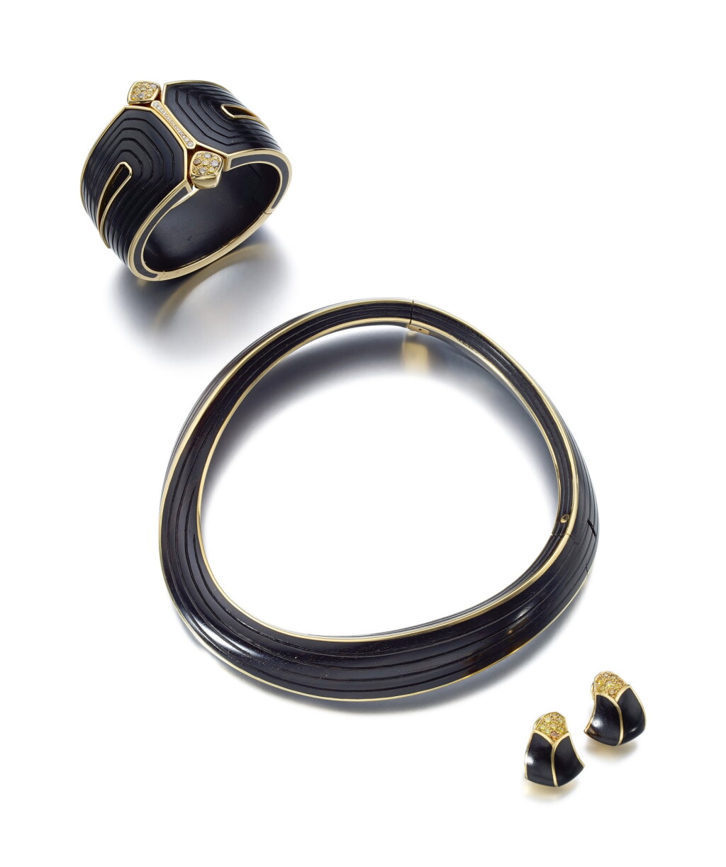View full screen - View 1 of Lot 140. EBONY AND DIAMOND PARURE | P. FÜRBRINGER.