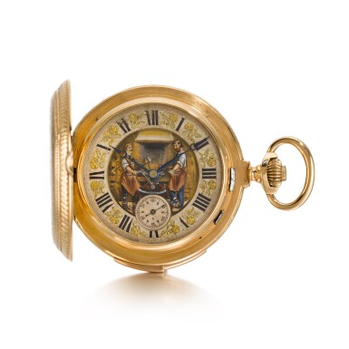 View full screen - View 1 of Lot 1395. A pink gold quarter repeating keyless lever watch with Jacquemart automaton Circa 1890.