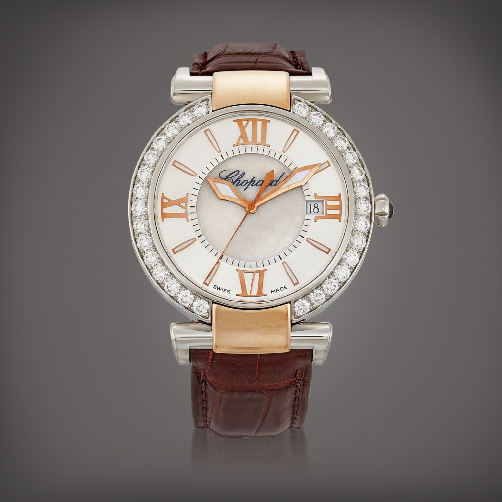 View full screen - View 1 of Lot 8811. Imperiale, Reference 8531 | A pink gold and stainless steel diamond-set wristwatch with date and mother-of-pearl dial, Circa 2015 | 蕭邦 | Imperiale 型號8531 | 粉紅金及精鋼鑲鑽石腕錶,備日期顯示及珠母貝錶盤,約2015年製.