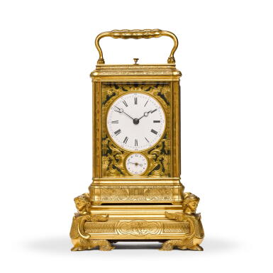 View full screen - View 1 of Lot 156. An engraved gilt-brass repeating carriage clock with alarm, French, circa 1890.