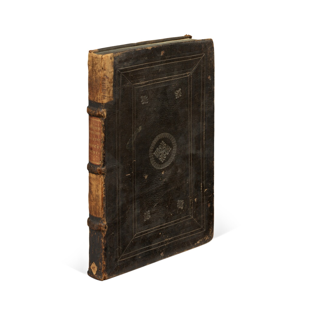 View full screen - View 1 of Lot 1339. Pollux, Onomasticon; Stephanus Byzantinus, De urbibus, Venice, Aldo Manuzio, 1502, Roman dark brown goatskin, ca. late 1520s.