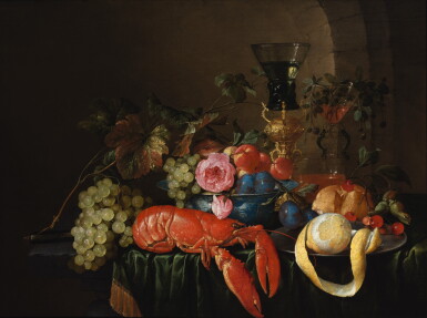 View full screen - View 1 of Lot 122. CORNELIS DE HEEM | STILL LIFE WITH A LOBSTER, A PEELED LEMON ON A PEWTER PLATTER, A ROEMER, AND FRUITS ON A STONE LEDGE WITH GREEN DRAPE.