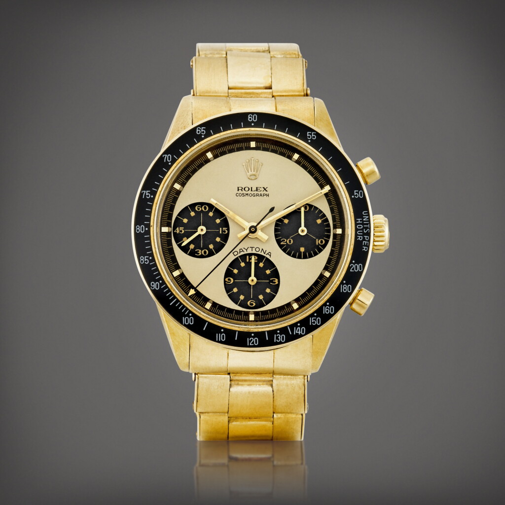View full screen - View 1 of Lot 2240. Cosmograph Daytona "Paul Newman", Reference 6241 | A 14k yellow gold chronograph wristwatch with champagne dial and bracelet, Circa 1969 | 勞力士 | Cosmograph Daytona "Paul Newman" 型號6241 | 14K 黃金計時鏈帶腕錶,備香檳色錶盤,約1969年製.
