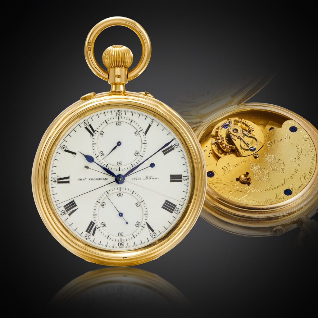 View full screen - View 1 of Lot 178. An exceptionally rare and fine, large and heavy 18ct gold open-faced thirty-four-minute karrusel watch with split-seconds chronograph and register, Circa 1899.