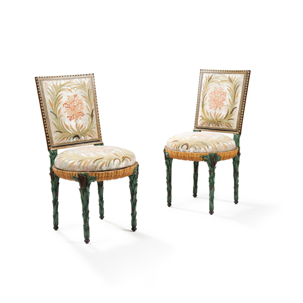View full screen - View 1 of Lot 629. A pair of Louis XVI style polychrome-painted wood chairs, after the original model by Foliot for Rambouillet, 20th century.