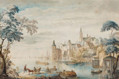 View full screen - View 1 of Lot 129. City on a river estuary, figures and boats in the foreground.
