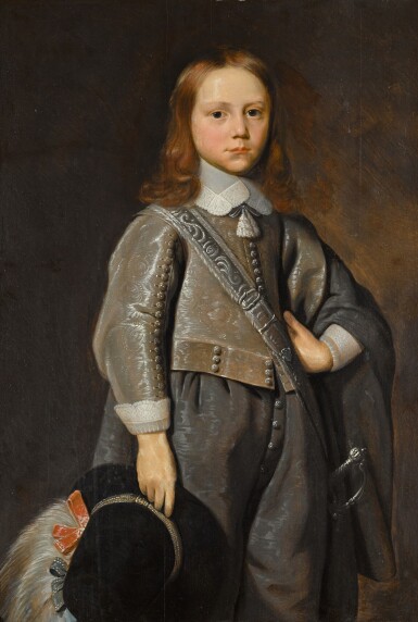 View full screen - View 1 of Lot 60. JAN JANSZ. DE STOMME | PORTRAIT OF A BOY, THREE-QUARTER-LENGTH, WEARING A GREY EMBROIDERED SUIT AND HOLDING A FEATHERED HAT.