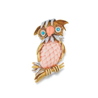 View full screen - View 1 of Lot 118. Coral, turquoise and diamond brooch .