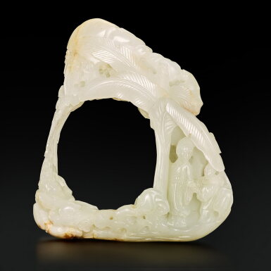 View full screen - View 1 of Lot 3694. A rare reticulated white and russet jade 'garden and lady' boulder, Qing dynasty, Qianlong period | 清乾隆 白玉鏤雕芭蕉仕女圖山子.