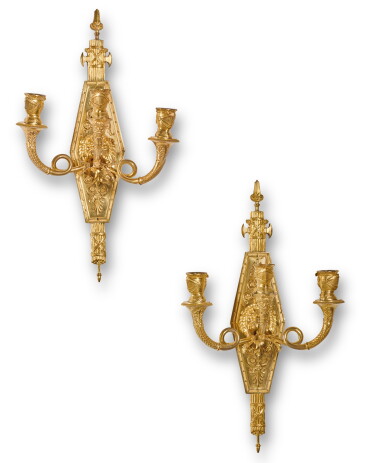 View full screen - View 1 of Lot 116. Royal: A pair of Restauration gilt-bronze three-light wall appliques by Lucien François Feuchère, circa 1820.