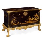 A Japanese Gilt-Metal Mounted Black and Gold Lacquer Coffer on a George II Giltwood Stand, the Coffer 17th Century, the Stand Circa 1730