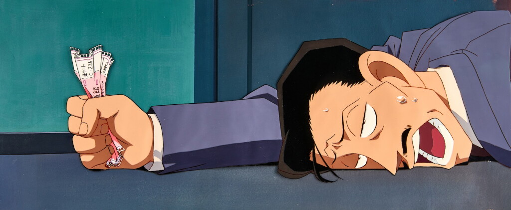 View full screen - View 1 of Lot 72. Richard Moore Lying Down (Episode 91) Animation Cel with Douga, Genga and Hand-painted Original Background | 扒在地上的毛利小五郎(第91集)賽璐璐,附線稿,原稿及手繪原裝背景.