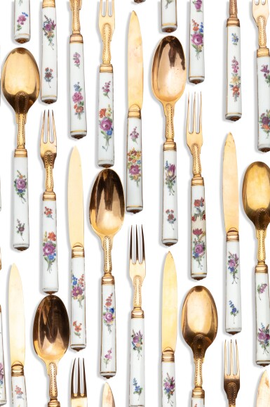 View full screen - View 1 of Lot 251. A Meissen porcelain silver-gilt-mounted flatware set for twelve, late 18th century.
