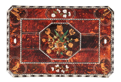 View full screen - View 1 of Lot 1. A tortoiseshell, ivory inlaid and marquetry top attributed to Pierre Gole, late 17 th century | Plateau en placage d'écaille, incrustation d'ivoire et bois de placage attribué à Pierre Gole, fin du XVIIeme siècle.