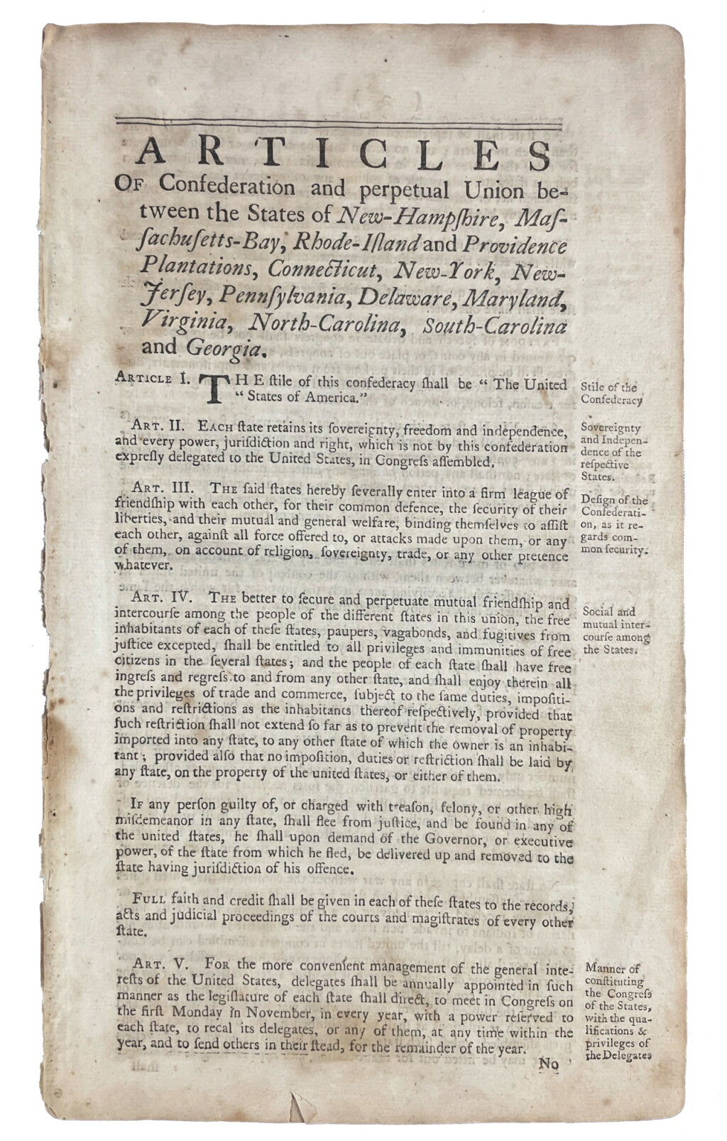 View full screen - View 1 of Lot 1002. (Articles of Confederation) | "The stile of this confederacy shall be 'The United States of America'".