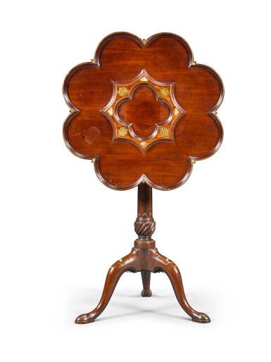View full screen - View 1 of Lot 66. A George III brass and mother-of-pearl inlaid mahogany supper table, circa 1760, in the manner of Frederick Hintz.