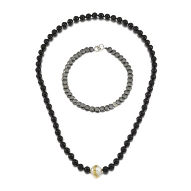 View full screen - View 1 of Lot 227. Onyx and Mabè Pearl Sautoir and Hematite and Diamond Necklace, 'Lentil'.